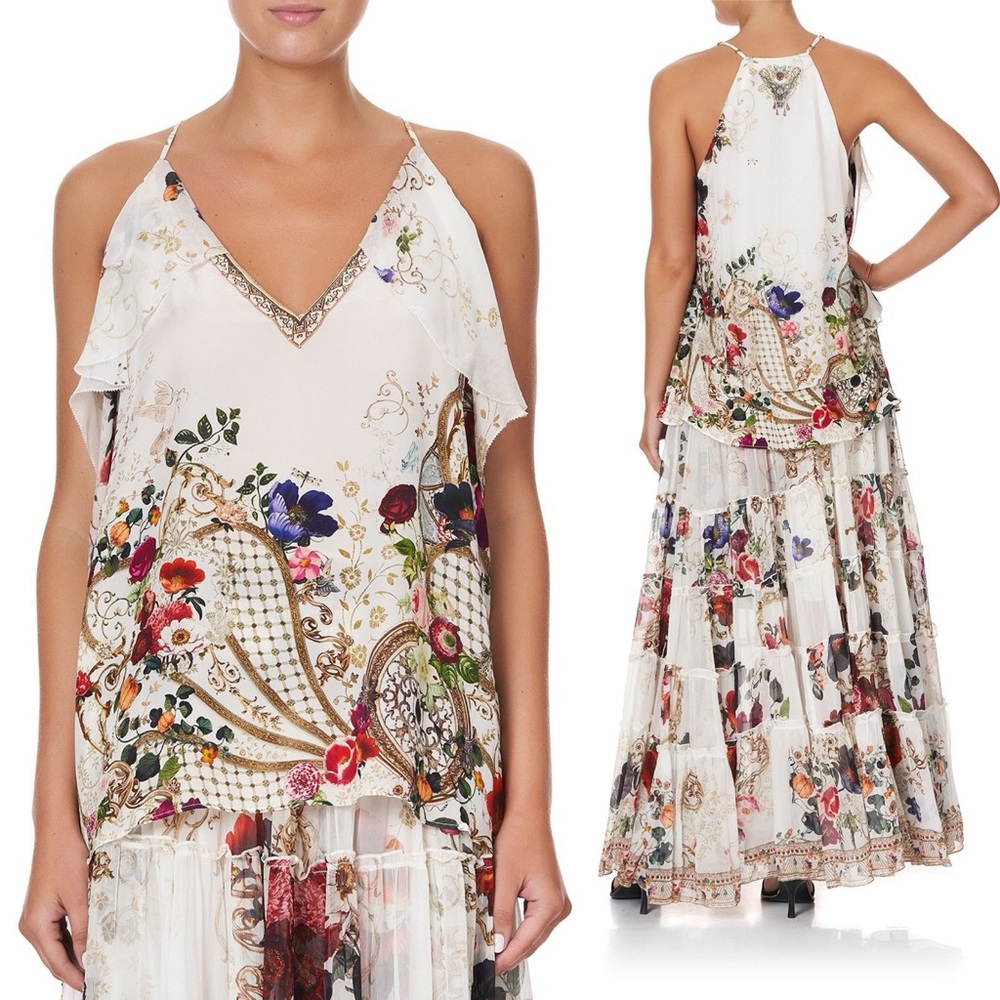 Camilla Crystal Embellished Silk Fairy Godmother Ruffle Strap Top